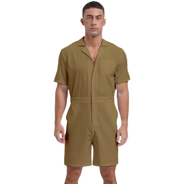 vastwit Mens Rompers Loose Fit Overalls Solid Color Shorts Jumpsuit Front Zip Uniforms Bodysuit Khaki XXL