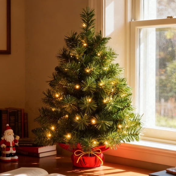 Bringstar Sapin de Noël Artificiel Mini de 2 Pi Pré-Illuminé avec 50 Lumières DEL, Sapin de Noël Vert de Table avec Base Rouge pour Décoration de Maison, Bureau Ou Fête
