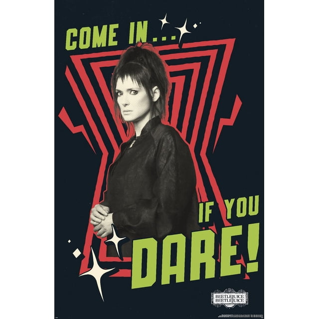 Beetlejuice Beetlejuice - Affiche Murale « Viens Si Tu Oses », 14,725 Po x 22,375 Po Encadrée, Représentant une Figurine monochrome dans une Veste Sombre devant un Sablier Rouge Stylisé sur un Fond Noir avec Texte Vert Audacieux « Viens... Si Tu Oses! » et des Étincelles Blanches en Forme d'Étoile, Idéale pour la Décoration Murale de Chambre Ou de Bureau.