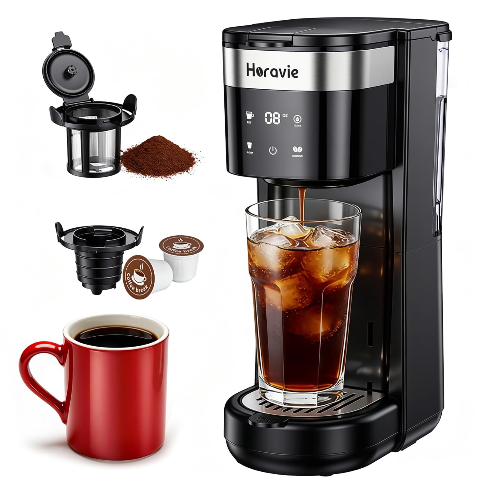 All-in-1 Single Serve Coffee Maker, Fit 7.8" Travel Mug, Hot & Iced K Cup Coffee Machine with 5 Brew Sizes, One Cup Coffee Maker with Descaling and Low Water Alert, 30oz