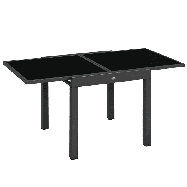 Outsunny Table à Manger Extérieur Extensible de 63 Pouces, Cadre en Aluminium, Noir. Cette Table Rectangulaire Comprend un Plateau en Verre Trempé et un Cadre en Aluminium Enduit de Poudre pour la Durabilité et un Entretien Facile. Elle s'Étire de 31,5 Pouces à 63 Pouces pour Répondre à des Besoins Variés, Ce Qui la Rend Idéale pour les Espaces Extérieurs comme les patios, les Jardins Ou les Balcons. des Patins de Pieds Ajustables Assurent la Stabilité sur les surfaces Irrégulières.