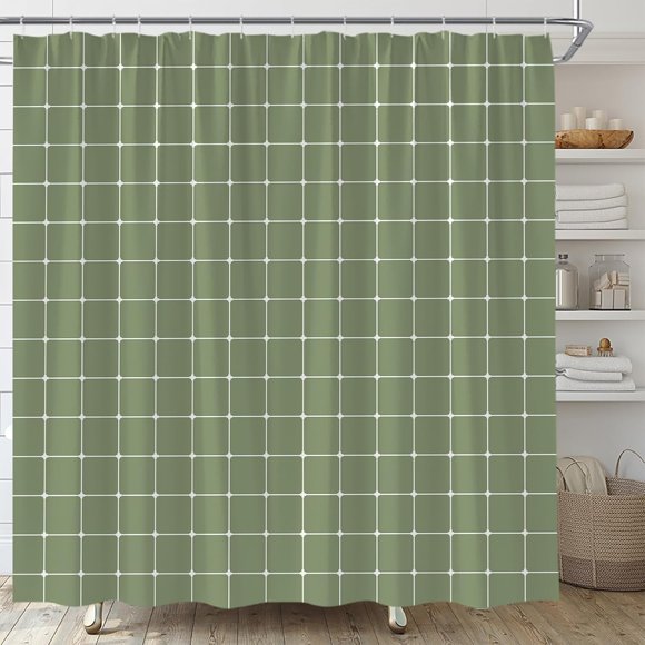 Sage Green Gingham Shower Curtain, Classic Plaid Waterproof Bathroom Curtain with Hooks, Modern Boho Farmhouse Bathroom Decor 72"W x 96"H