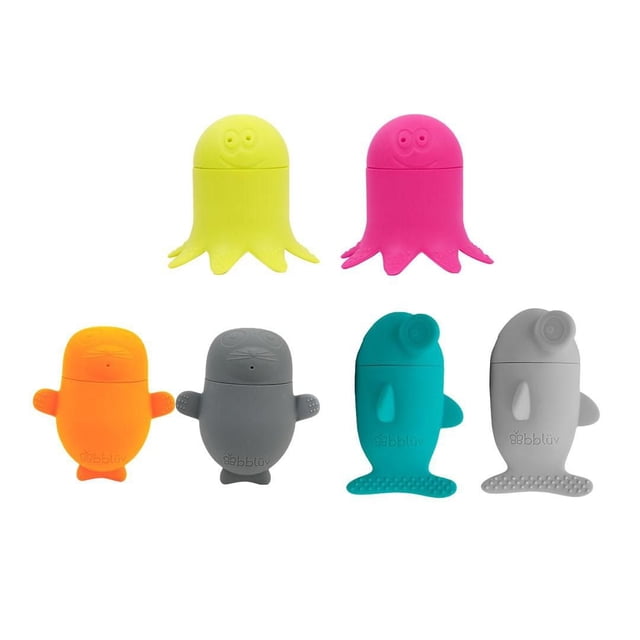 bblüv Büddies Interchangeable Silicone Bath Toys set includes six multicolour sea creatures—yellow and pink octopuses, orange and gray seals, teal and gray fish—made of FDA-grade, BPA-free silicone that twists apart for easy cleaning, floats in water, and is dishwasher safe, perfect for infant bath time.