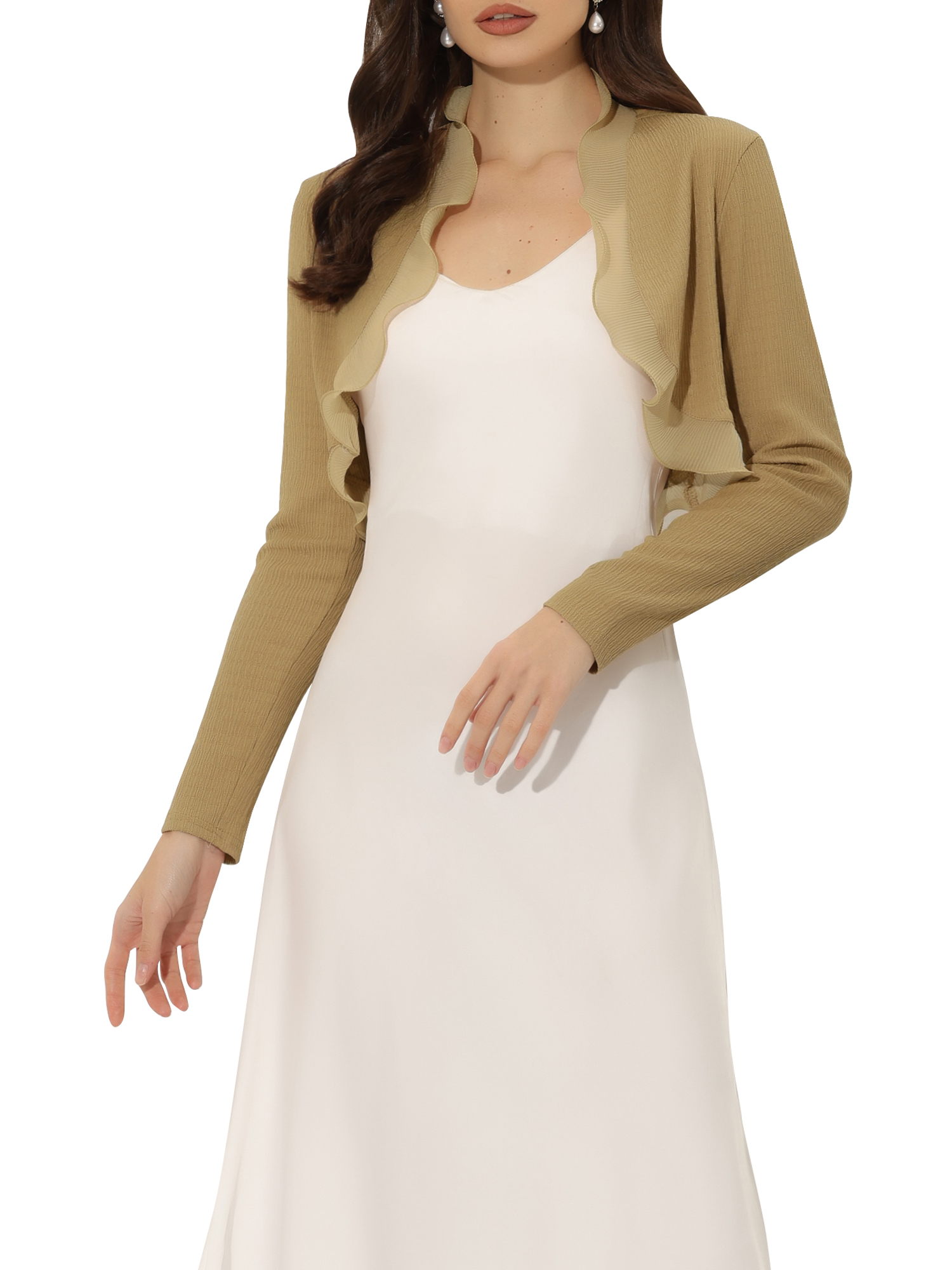 INSPIRE CHIC Women's Elegant Ruffle Collar Crop Cardigan Open Front Knitted Shrug Top S Khaki