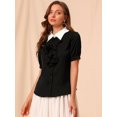 thumbnail image 3 of INSPIRE CHIC Women's Contrast Collar Tie Ruffle Front Button Short Sleeve Work Shirt, 3 of 6