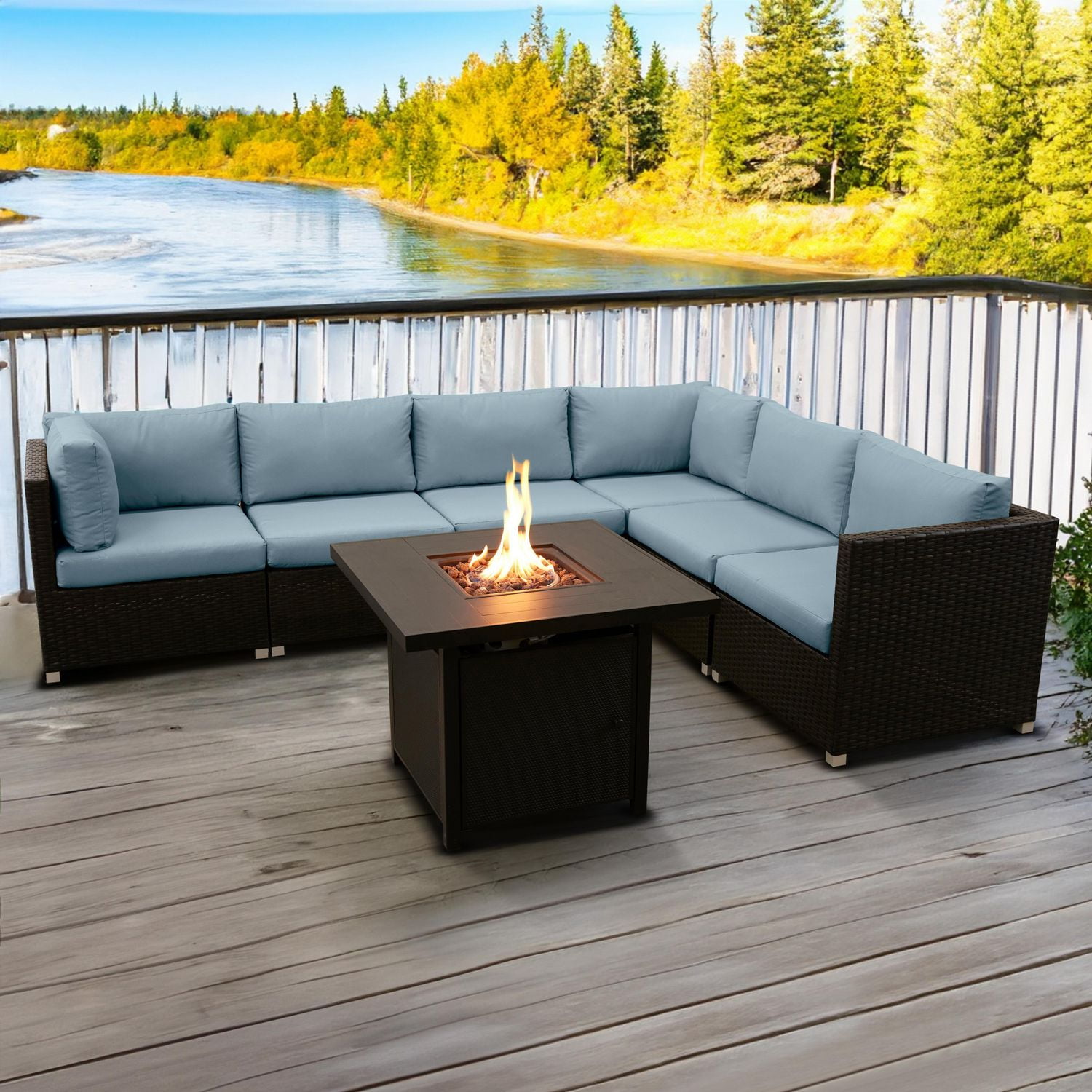 Innesbrook Collection 7-Piece Aluminum Patio Conversation Set with Spa Cushions and Square Fire Table