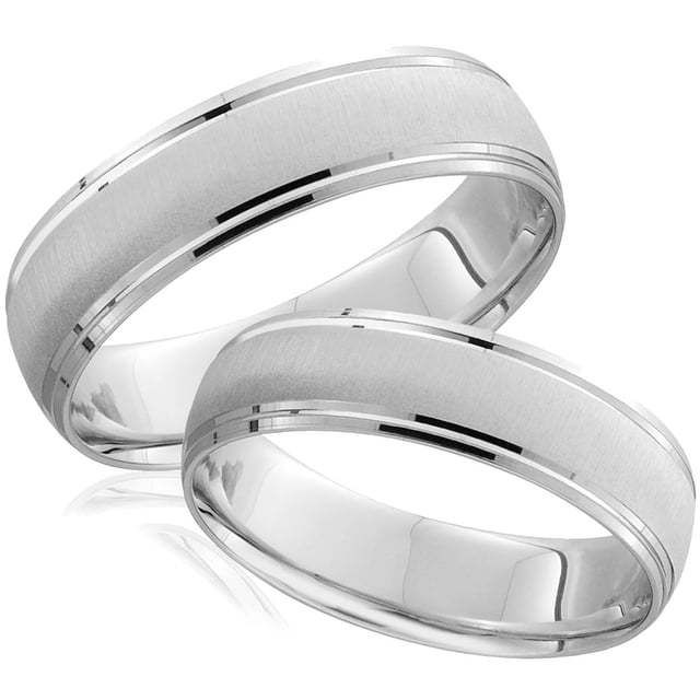 White Gold Brushed Wedding Band Set Matching Mens Womens Rings 14k 6/5MM