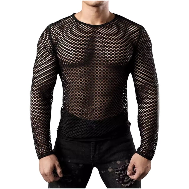 Birdeem Chemises pour Hommes Mode Homme Ajourées Filet de Pêche Décontracté Couleur Unie Manches Longues Col Rond Chemise