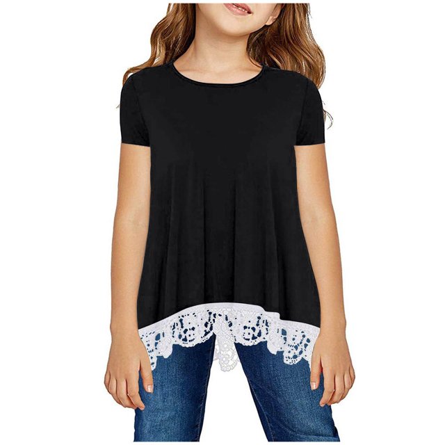 Mefallenssiah Filles Chemise Col Rond Couches Impression Manches Courtes Mignon Enfants Chemisier Dentelle Tee top