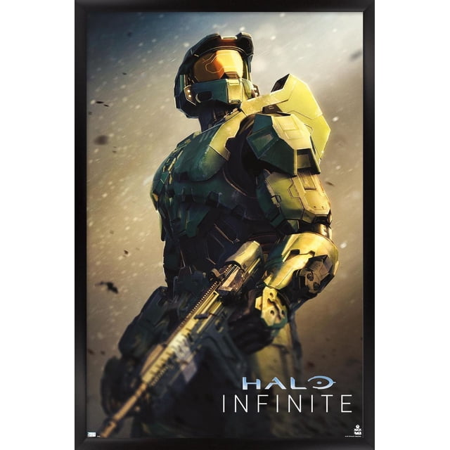 Halo Infinite - Become Wall Poster, 22.375" x 34" framed wall art featuring Master Chief in green and gold armor holding a rifle against a blurred dusty background with the Halo Infinite logo, ideal for home décor, gaming rooms, or office walls.
