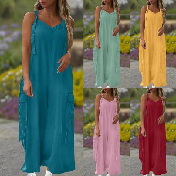 Sentmoon Womens Jumpsuits Plus Size Rompers for Curvy Women Solid Color Loose Fit Jump Suit with Pockets Summer for Beach and Vacation