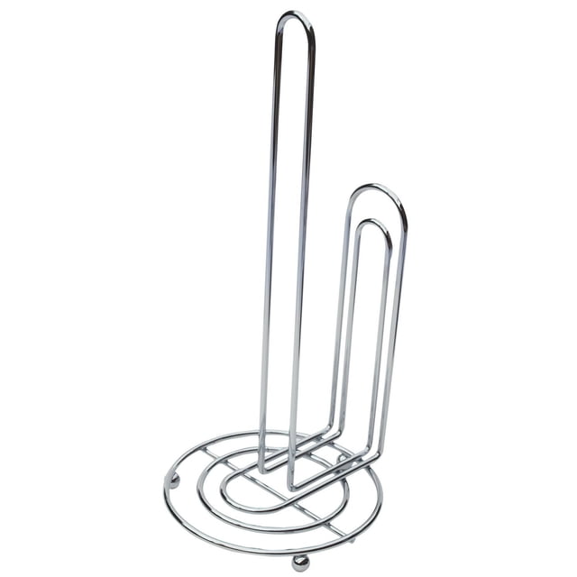 Mainstays™ Black Paper Towel Holder with polished chrome metal wireframe, circular base, and two vertical loops for holding paper towel rolls, designed for kitchen countertop organization, durability, and easy cleaning.