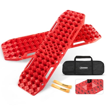 BUNKER INDUST Planches de Traction Tout-Terrain avec Base Jack, Paire de Chenilles de Récupération Tapis de Traction pour Pneus de Camion Jeep 4X4 avec Sac - Sable, Boue, Rampes d'Échelle à Neige (Rouge)