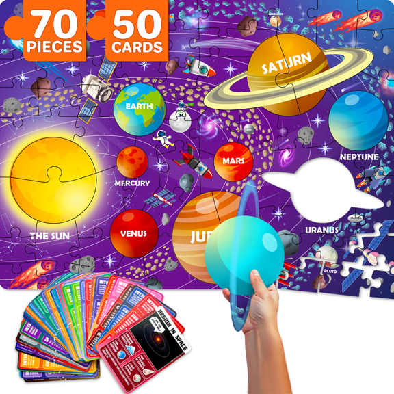 Quokka Casse-Tête de Système Solaire de 70 Pcs avec 400+ Cartes de Faits, Jouet Éducatif pour Enfants