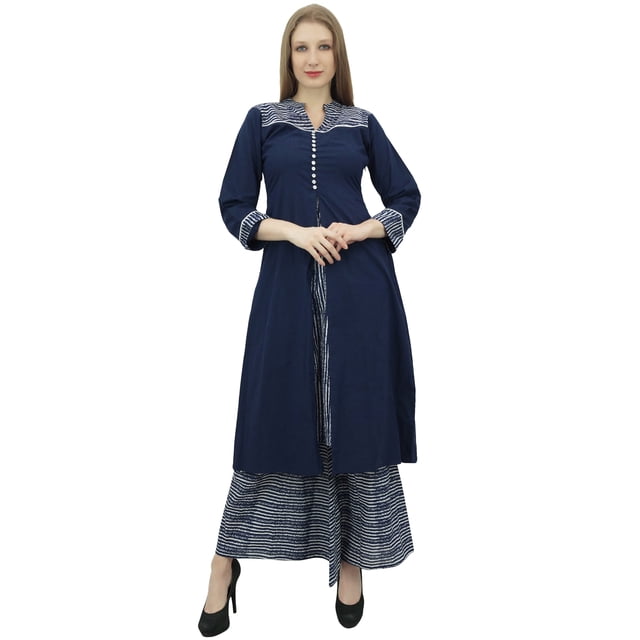 Phagun Robe Kurta Kurti Ligne A Bleu Marine pour Femme avec Palazzo Vêtements Indiens-4
