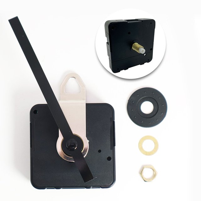 MYG New Quartz Tide Tidal Clock Movement Mechanism Motor Hand Choose Plus Fittings featuring a black quartz block movement part, metal hanger, and fittings including washers and a nut. Designed for clock faces up to 9mm thick, with a shaft length of 16.8mm and gold thread length of 11.7mm. Dimensions are 55mm by 55mm by 16mm. Offers quiet ticking for wall clock mechanisms.
