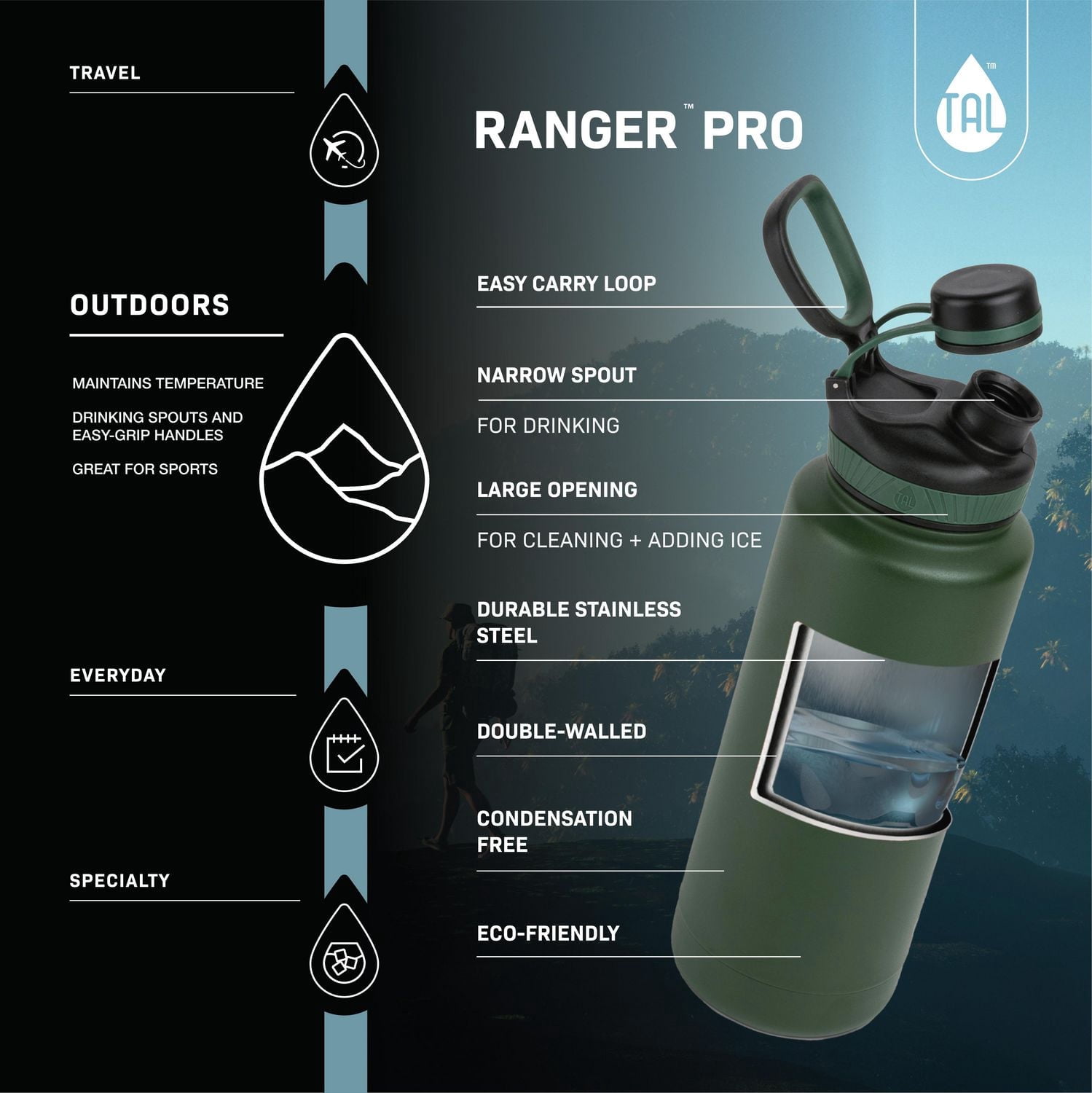 TAL Ranger Bouteille d'eau en acier inoxydable 40 fl oz, noir