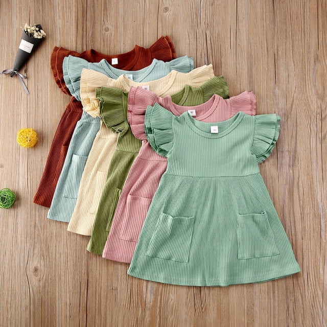 Little Girls Double-layer Flying Sleeve Dress Summer Fashion Large Pocket Knitted Princess Dress