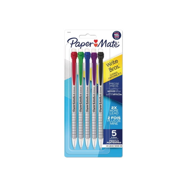 Paper Mate Write Bros Crayons Mécaniques Précis, 0,5 mm, Lot de 5 Contenant Cinq Crayons Mécaniques avec Pinces Rouges, Vertes, Bleues, Violettes et Noires, Barils à Prise Souple et Gommes Résistantes aux Bavures, Convenant à l'Écriture Détaillée et à la Prise de Notes au Bureau et à l'École.