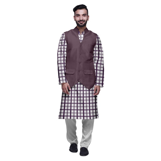Atasi Traditional Printed Kurta Churidar Pajama Set With Nehru Jacket For Men