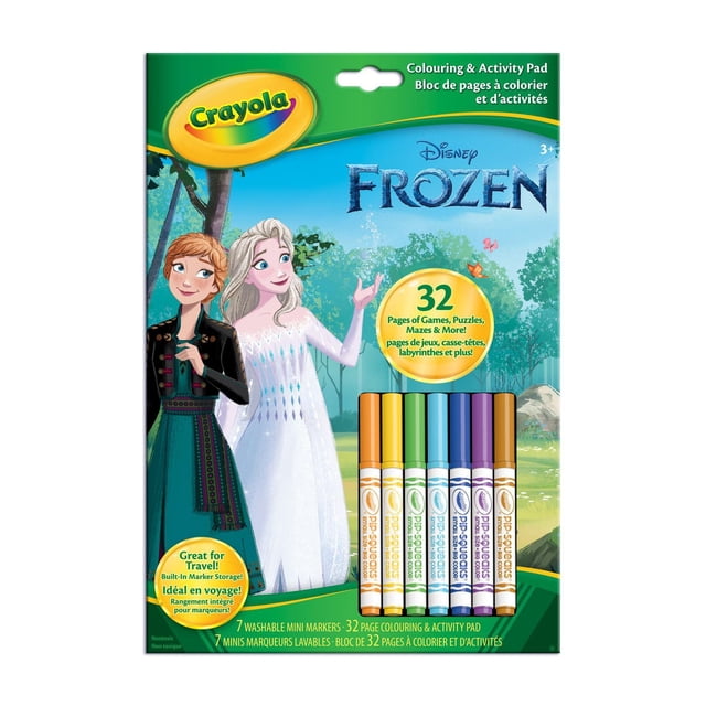 Crayola Colouring & Activity Pad, Disney Frozen 2 featuring 32 pages of themed puzzles, mazes, matching games, and colouring sheets with 7 washable mini markers in a built-in storage tray, ideal for travel and creative play for children aged 3 and up.