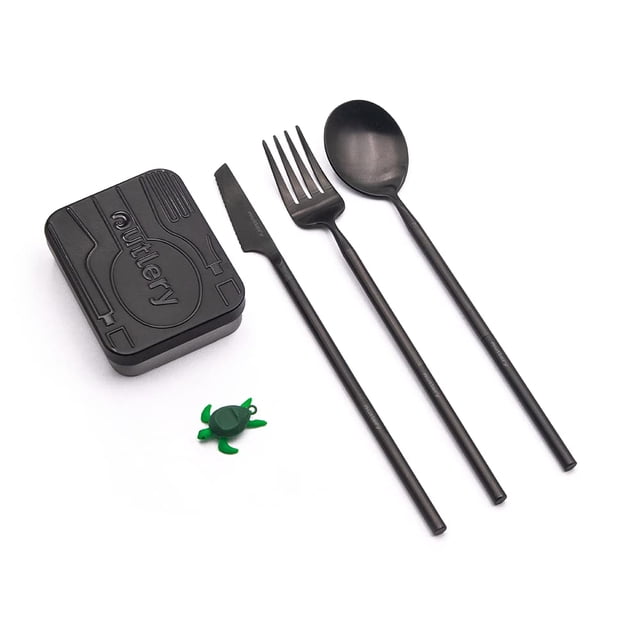 Portable & Reusable Stainless Steel Travel Cutlery Set (Black) by Outlery, featuring a knife, fork, and spoon with a sleek black finish. The set includes a compact black carrying case measuring 8.1cm x 6.4cm (3.2 x 2.5 inches) for easy portability, ideal for backpacking, day trips, and eco-friendly dining. A small green turtle figurine is also shown.