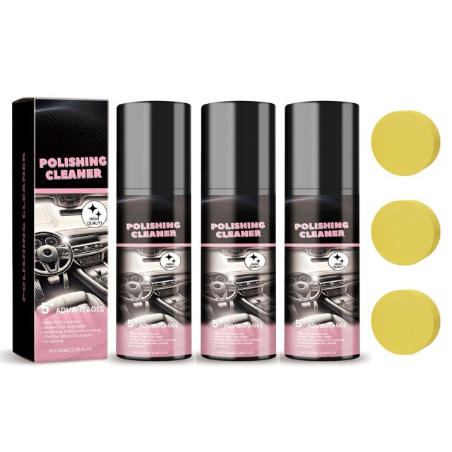 Car Interior Cleaner, Vehicle Interior Polish, and Interior Detailer Spray set, including three 100ml bottles and three yellow applicator pads. This automotive cleaning solution is ideal for decontamination, polishing, and maintenance, featuring effective cleaning power, protective layer formation, and easy application. Packaged in a black and pink design with 'Polishing Cleaner' branding.