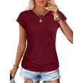 thumbnail image 2 of T-shirts d'Été pour Femmes Froncés à Manches Courtes Style Cap, T-Shirts à Col Rond, Mode Rouge Vin G, 2 of 6