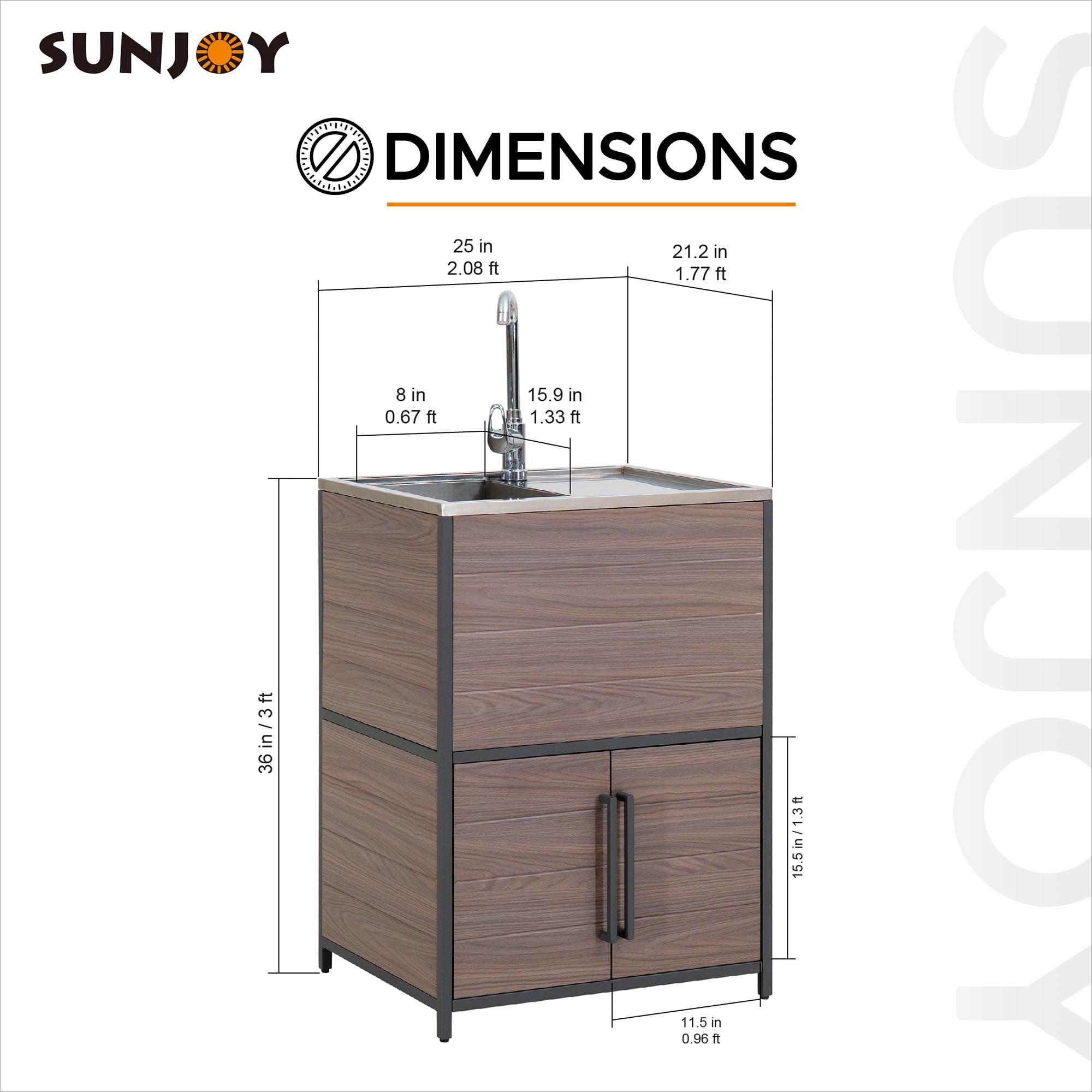 Sunjoy Évier de cuisine extérieur autoportant en acier inoxydable avec cabinet pour chariot de barbecue extérieur, station d'évier extérieur,25 x 21 Pouces