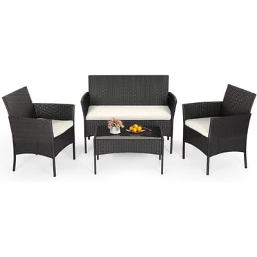 FDW Ensemble de Mobilier de Patio en Osier 4 Pcs – Ensemble de Conversation en Rotin d'Extérieur, Chaises, Sofa et Table Basse – Ensemble Bistro Toutes Saisons pour Cour, Noir