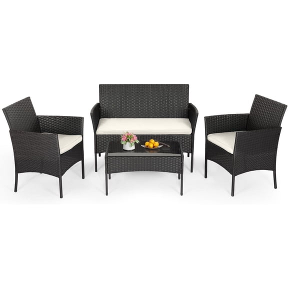 FDW Ensemble de Mobilier de Patio en Osier 4 Pcs – Ensemble de Conversation en Rotin d'Extérieur, Chaises, Sofa et Table Basse – Ensemble Bistro Toutes Saisons pour Cour, Noir
