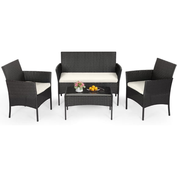 FDW Ensemble de Mobilier de Patio en Osier 4 Pcs – Ensemble de Conversation en Rotin d'Extérieur, Chaises, Sofa et Table Basse – Ensemble Bistro Toutes Saisons pour Cour, Noir