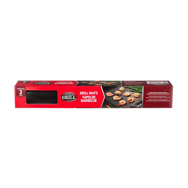 Expert Grill Tapis de Gril Barbecue, Lot de 2, dans un Emballage Rouge Montrant Deux Tapis en silicone Noirs, l'Un en Rouleau, de 15,7 par 12,9 Pouces, Sans PFOA et Allant au Lave-Vaisselle, avec Grillade de Crevettes et d'Asperges sur les Tapis, Conçus pour Garder les surfaces de BBQ Propres et Réutilisables, et Pouvant Être Coupés sur Mesure pour un Grillade sur Mesure.