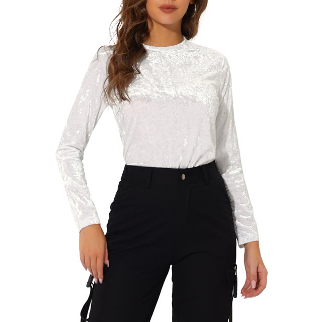INSPIRE CHIC T-Shirts en Velours pour Femmes Col Rond Manches Longues Décontracté L Blanc