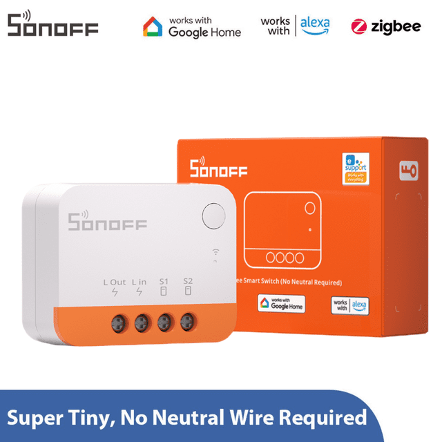 SONOFF ZBMINIL2 Zigbee Smart Light Switch, a compact white and orange device, displayed with its orange packaging. This smart switch supports no neutral wire installation, works with Alexa, Google Home, and SmartThings, and uses Zigbee 3.0 for wireless connectivity. It offers remote light control, two-way operation, and smart scene settings. Compatible with EU-type, 86 type, and 120 type mounting boxes.