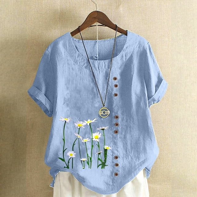 Birdeem T-Shirt Ample Décontracté d'Été pour Femme à Col Rond, Manches Courtes, à Imprimé Floral