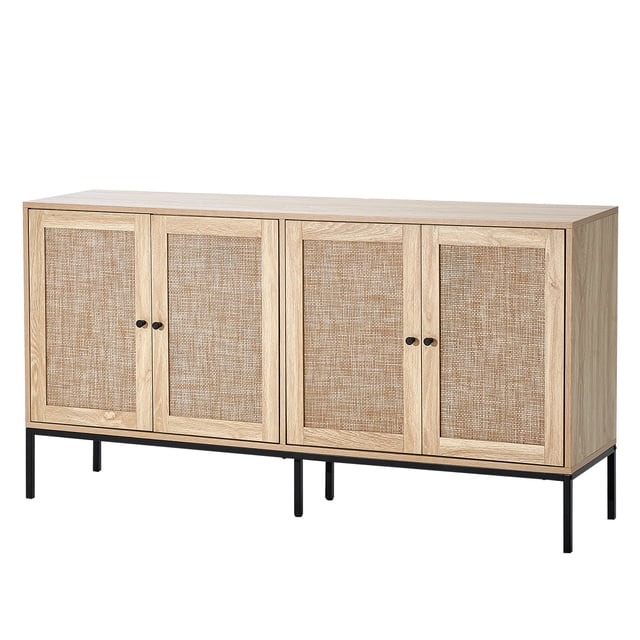 VEVOR Armoire de Rangement en Rotin avec 4 Portes Magnétiques et Tablettes Ajustables, Fini Bois Naturel. Cette Armoire d'Entrée Comprend des Portes en Rotin Tressées à la Main, un Cadre Robuste en MDF et en Fer, et des Pattes en Métal Noir. Idéale pour une Utilisation Polyvalente comme solution de Rangement dans les Cuisines, les Chambres Ou les Entrées, Elle Offre un Grand Espace pour Organiser des Articles comme des Livres, de la Vaisselle Ou des Gants. Comprend des Détails Attentionnés comme des Trous pour la Gestion des Câbles, des Pieds Ajustables pour la Stabilité et des Dispositifs de Sécurité Anti-Basculement
