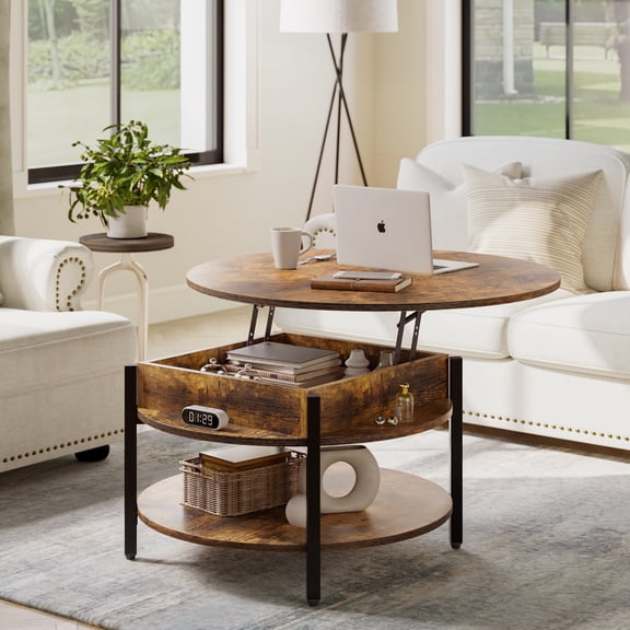 GUNAITO Table Basse Ron avec Plateau Relevable avec Rangement, Brun Rustique