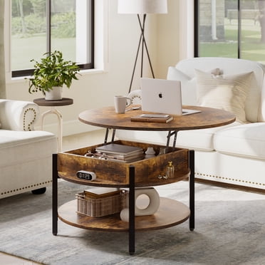 GUNAITO Table Basse Ronde à Plateau Relevable avec Rangement, Brun Rustique
