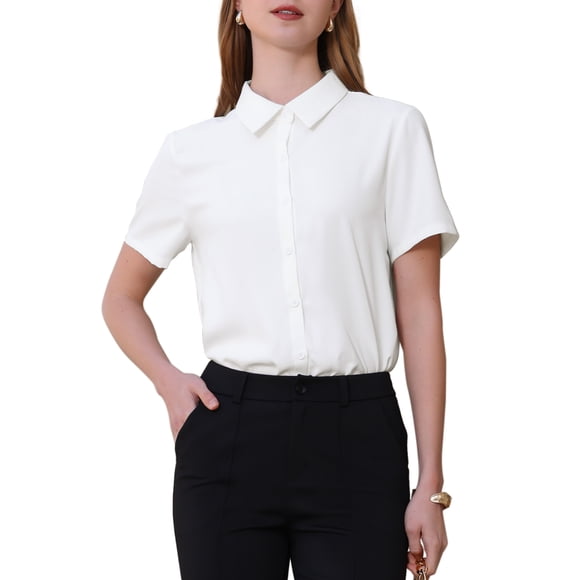 INSPIRE CHIC Women's Button Down Bodysuit Collared Short Sleeve Business Office Leotard Shirt Top S White