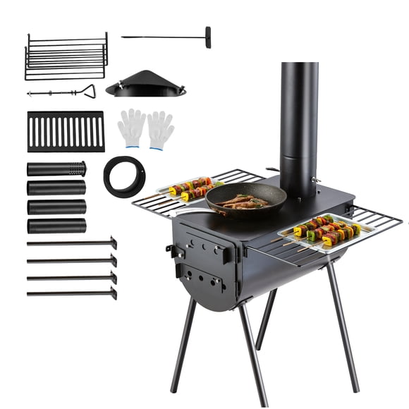 KFFKFF Alloy Steel Wood Burner, 118 inch, Compact Camping Tent Heater, Mobile Wood-Fired Stove with Chimney Tubes & Hand Protectors, 3000in³ Fire Chamber Outdoor Cooker and Warmer with 8 Tubes