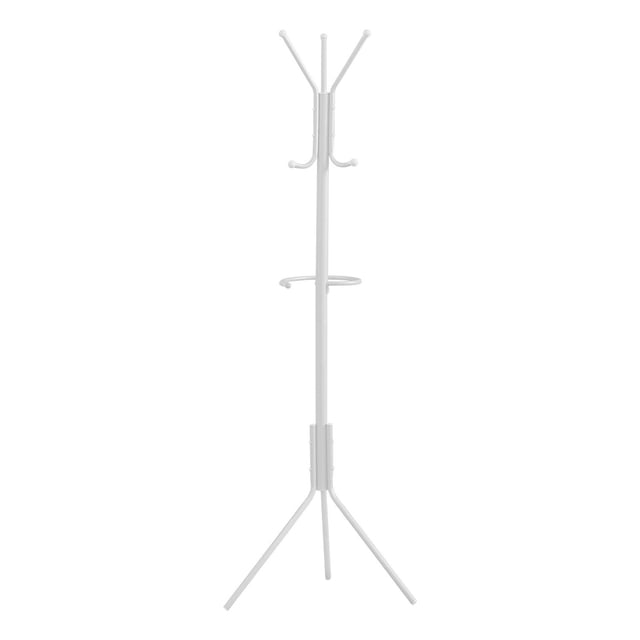 Monarch Specialties Coat Rack, Hall Tree, free standing white metal coat rack with 6 hooks and umbrella holder ring, 68 inches tall, ideal for entryway or bedroom clothing organization and small space storage