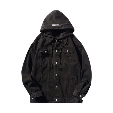 Fengqque Men's Jean Jacket Hoodie Classic Casual Loose Fit Long Sleeve Trucker Coat Denim Jacket with Hood Black 20(XXXXXL)