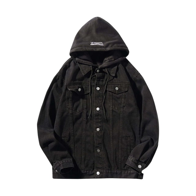 RKSTN Jackets for Men Fall Fashion Motorcycle Solid Color Button Pocket Long Sleeved Hooded Denim Jacket Mens Coats