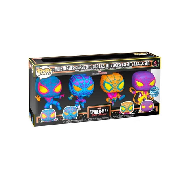 Funko Pop! Marvel : Miles Morales Ensemble de 4 Comprenant Quatre Figurines bobblehead en Vinyle de 4,5 Po de classic, S.T.R.I.K.E., Bodega Cat et T.R.A.C.K. suits de Spider-Man : Miles Morales, Exposées dans une Boîte de Collection Noire Lumineuse Adaptée aux collections de Figurines d'Action.