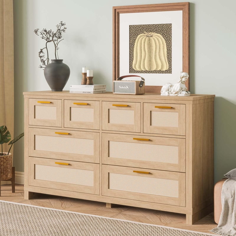 8 Drawer Rattan Dresser, Bohemian Wood Chest of Drawers with Woven Fronts, Storage Cabinet Organizer for Bedroom, Living Room, Closet - Natural