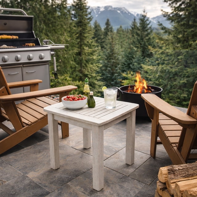 Table d'appoint d'extérieur CorLiving Miramar en bois dur, plateau carré à lattes, blanche