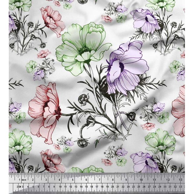 Soimoi Polyester Crepe Fabric Leaves & Anemone Flower Fabric Prints by Yard 42 Inch Wide