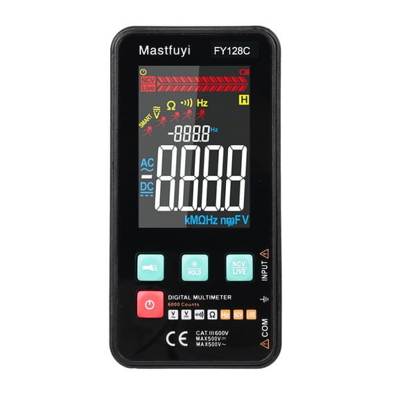 MASTFUYI FY128C Smart Digital Multimeter with Bracket Compact Intelligent Electrical Tester 5999 Counts Backlit LCD Measure AC/DC Voltage Resistance Frequency Continuity Live Wire Checking NCV