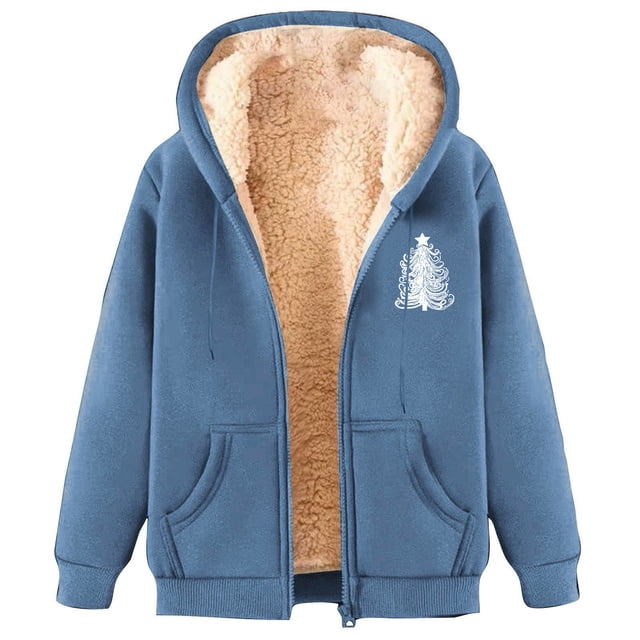 LOVZFMLL Winter Jackets for Women Fashionable Printed Fleece Hooded Sweatshirt Jacket in a blue colour with a white printed design on the chest. The jacket features a soft fleece lining, a full-length zipper, a hood, and two front pockets. Made from lightweight polyester, it is suitable for winter and spring casual wear, parties, or daily outings. The jacket is shown in a front-facing view with the hood open, revealing the warm fleece interior.